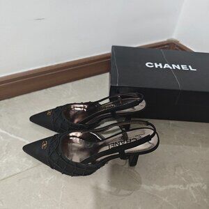 Chanel Logo Pointed Toe Slingbacks